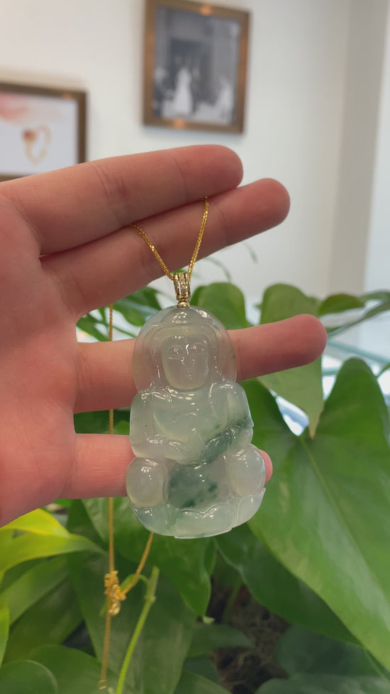 Load and play video in Gallery viewer, 14k Yellow Gold &amp;quot;Goddess of Compassion&amp;quot; Genuine Ice Burmese Jadeite Jade Guanyin Necklace With Gold Bail
