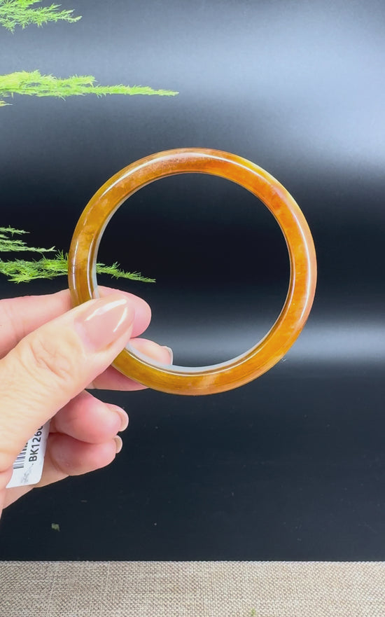 Load and play video in Gallery viewer, Genuine Burmese Icy Honey Yellow Jade Jadeite Bangle Bracelet ( 56.8mm)
