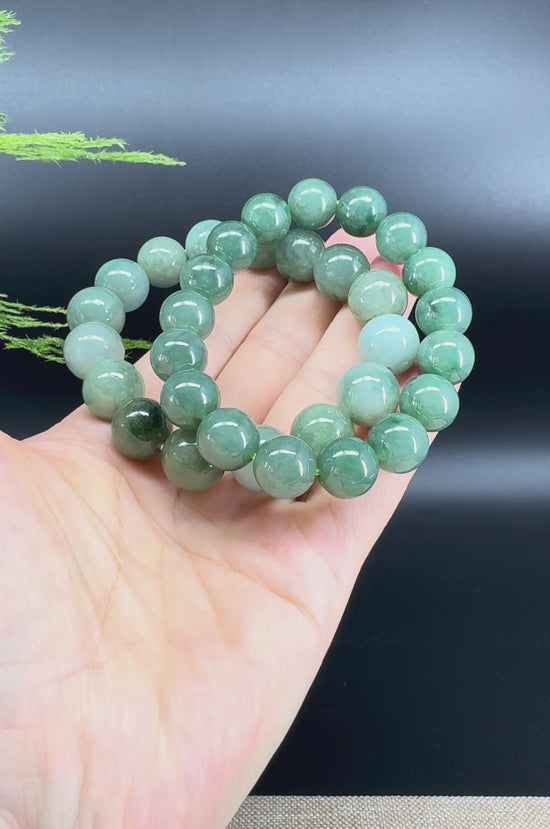 Load and play video in Gallery viewer, RealJade® Genuine Jadeite Jade Round  Green Beads Bracelet ( 12.5 mm ) For Men
