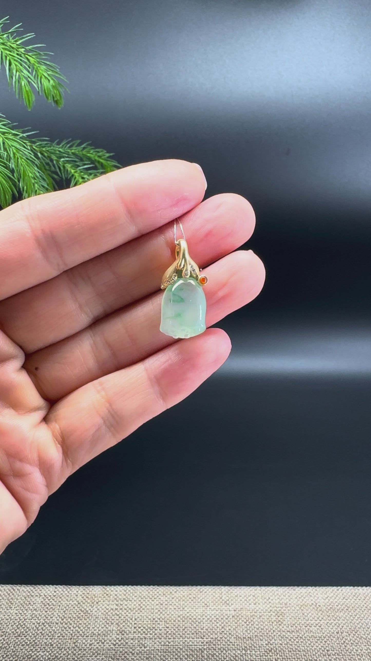 18k Yellow Gold Genuine Icy Green Jadeite Jade Lotus Pod Pendant Necklace With Diamonds