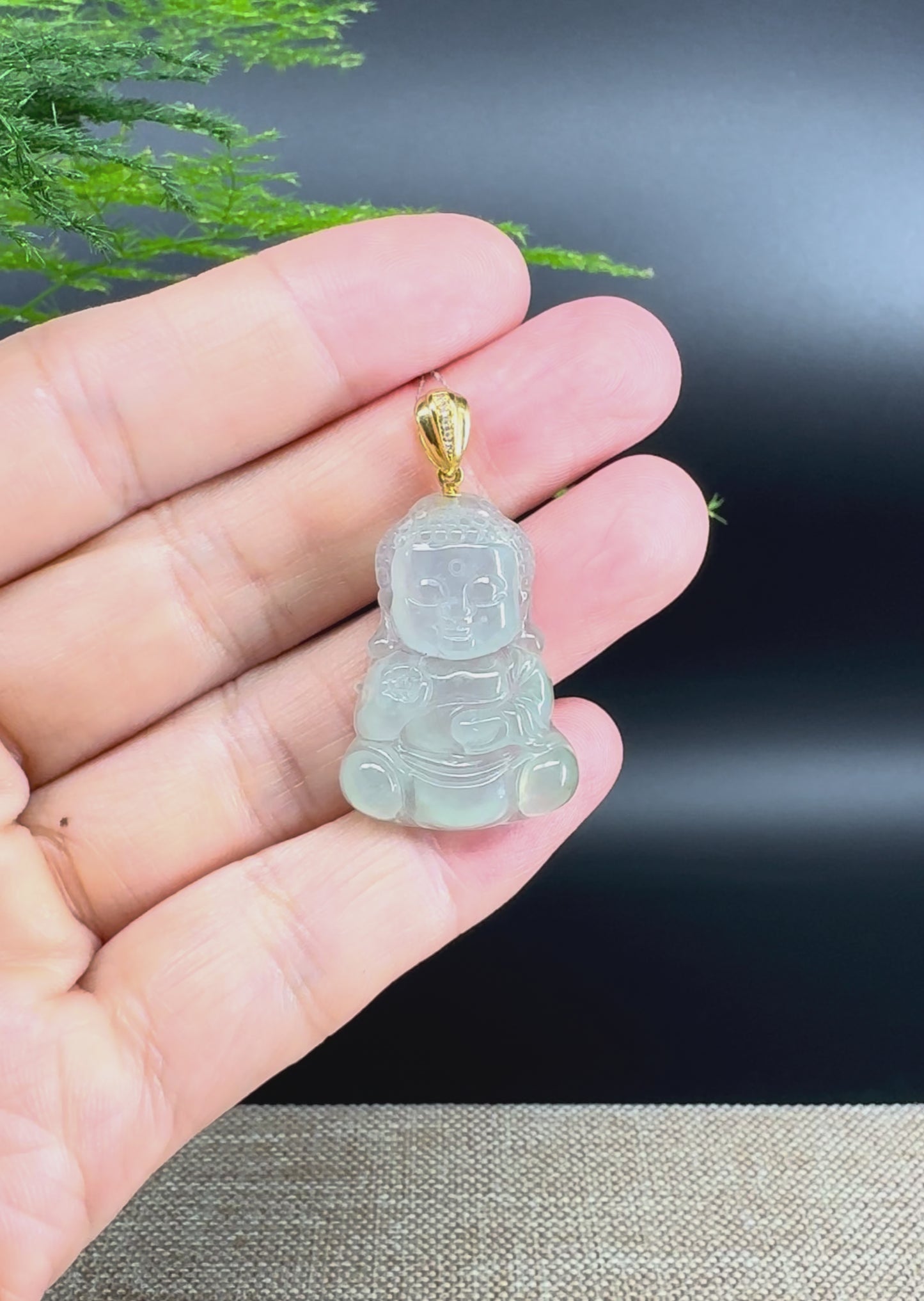 18K Yellow Gold Burmese Icy Green Jadeite Jade Happy Baby Buddha Pendant