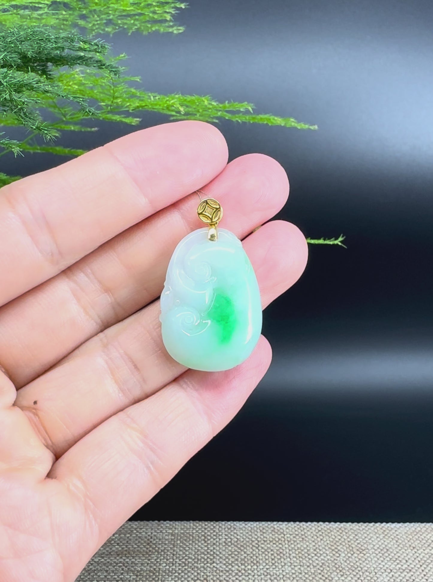 RealJade® Co. Genuine White Green Jadeite Jade Good Luck RuYi Necklace With 18K Yellow Gold Bail