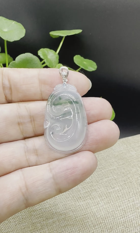 Load and play video in Gallery viewer, High end Genuine Burmese Ice Blue Jadeite RuYi Pendant with 18k White Gold Bail
