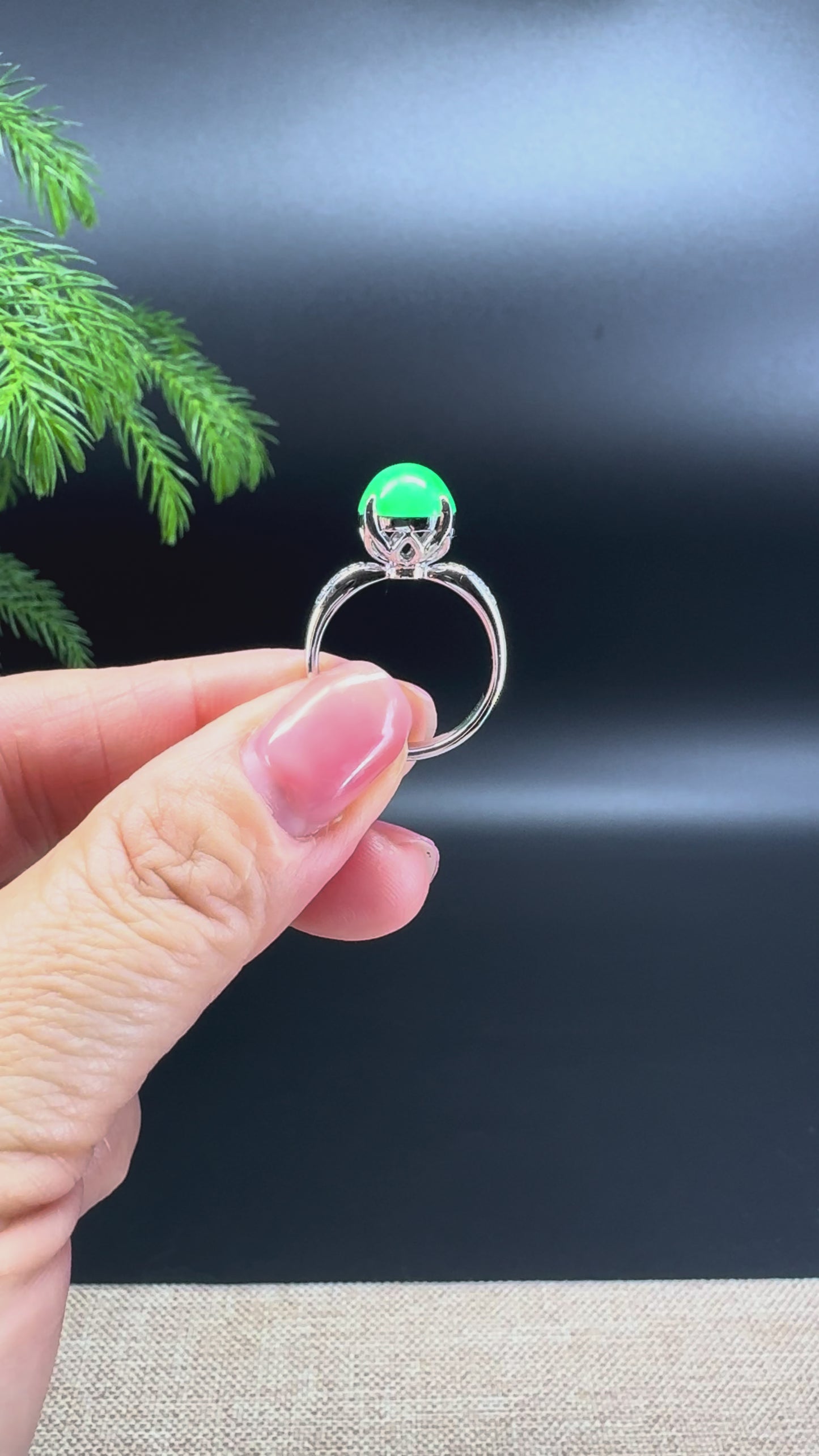 RealJade® 18K White Gold Green Jadeite Jade Diamonds Ring