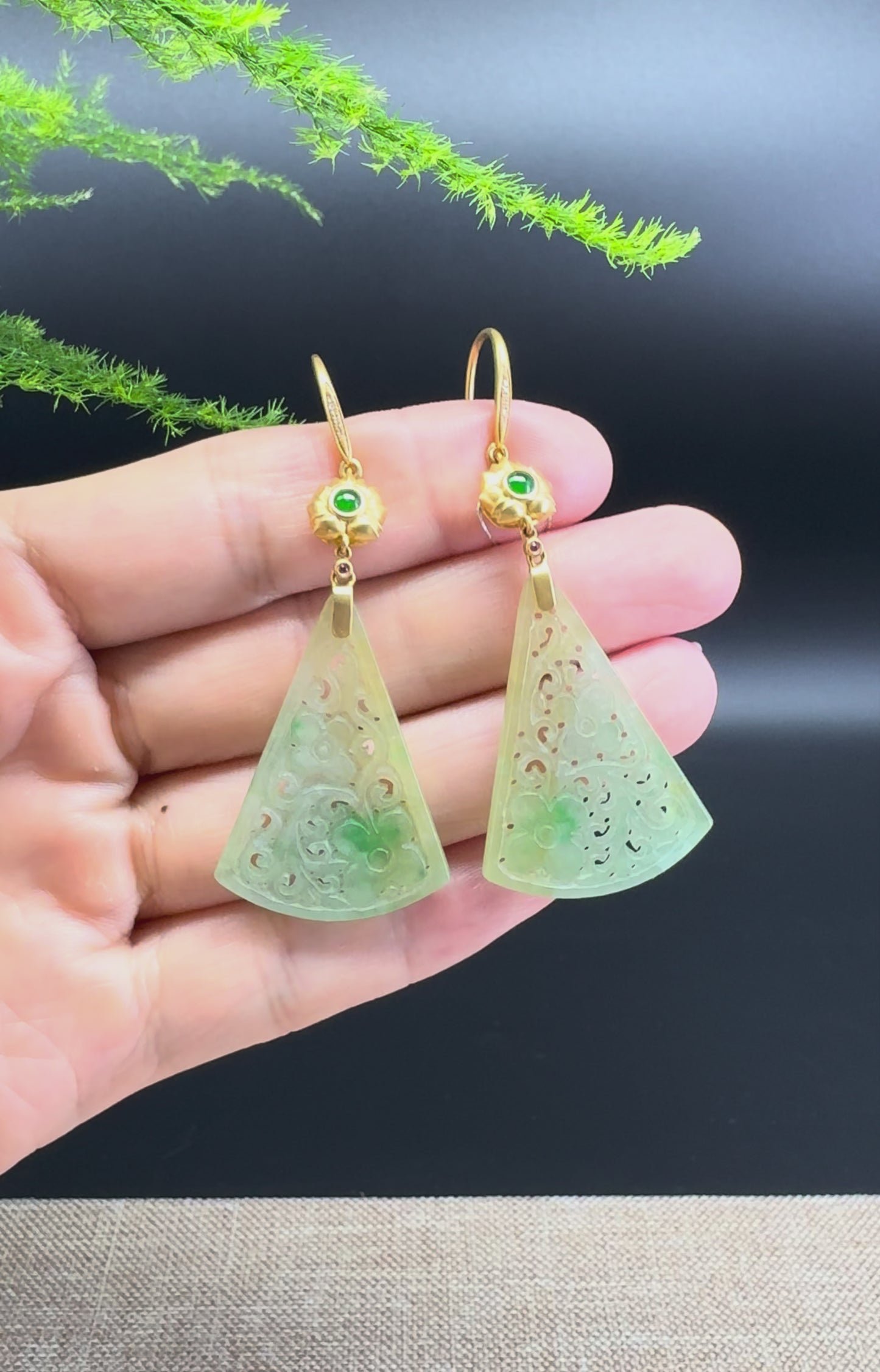 Load and play video in Gallery viewer, 18k Yellow Gold Genuine Icy Yellow Green Jadeite Jade Earrings With Diamonds
