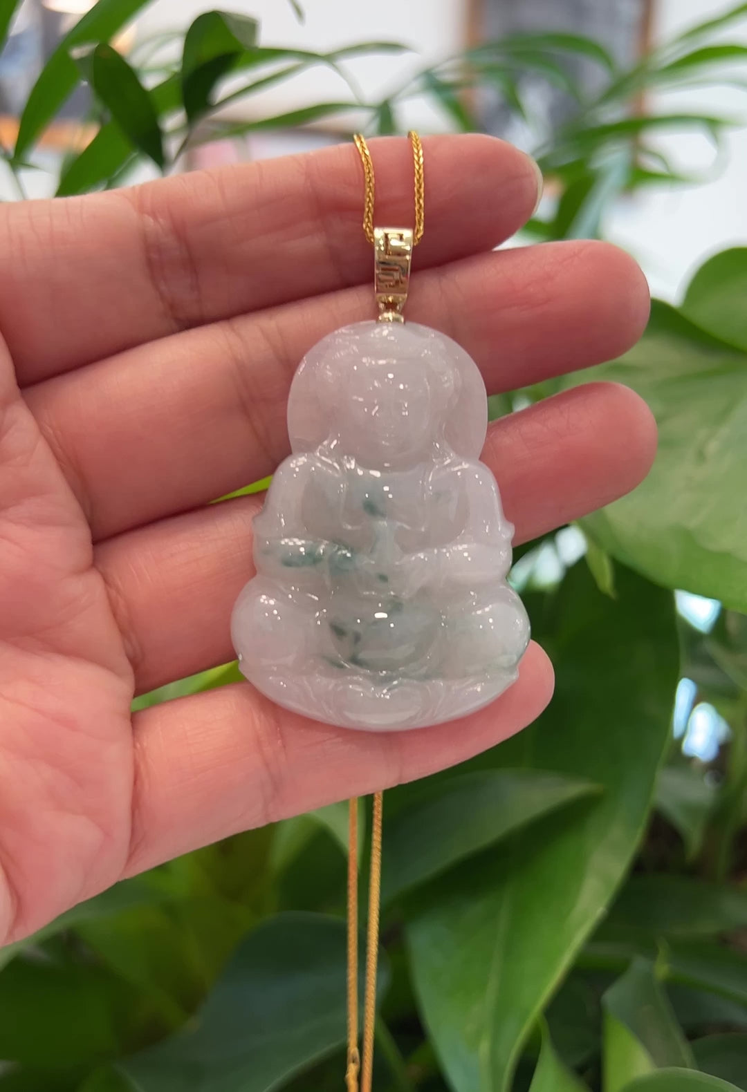 Load and play video in Gallery viewer, &amp;quot;Goddess of Compassion&amp;quot; Genuine Burmese Ice Blue Jadeite Jade Guanyin Necklace With Good Luck Design 14k Yellow Gold Bail
