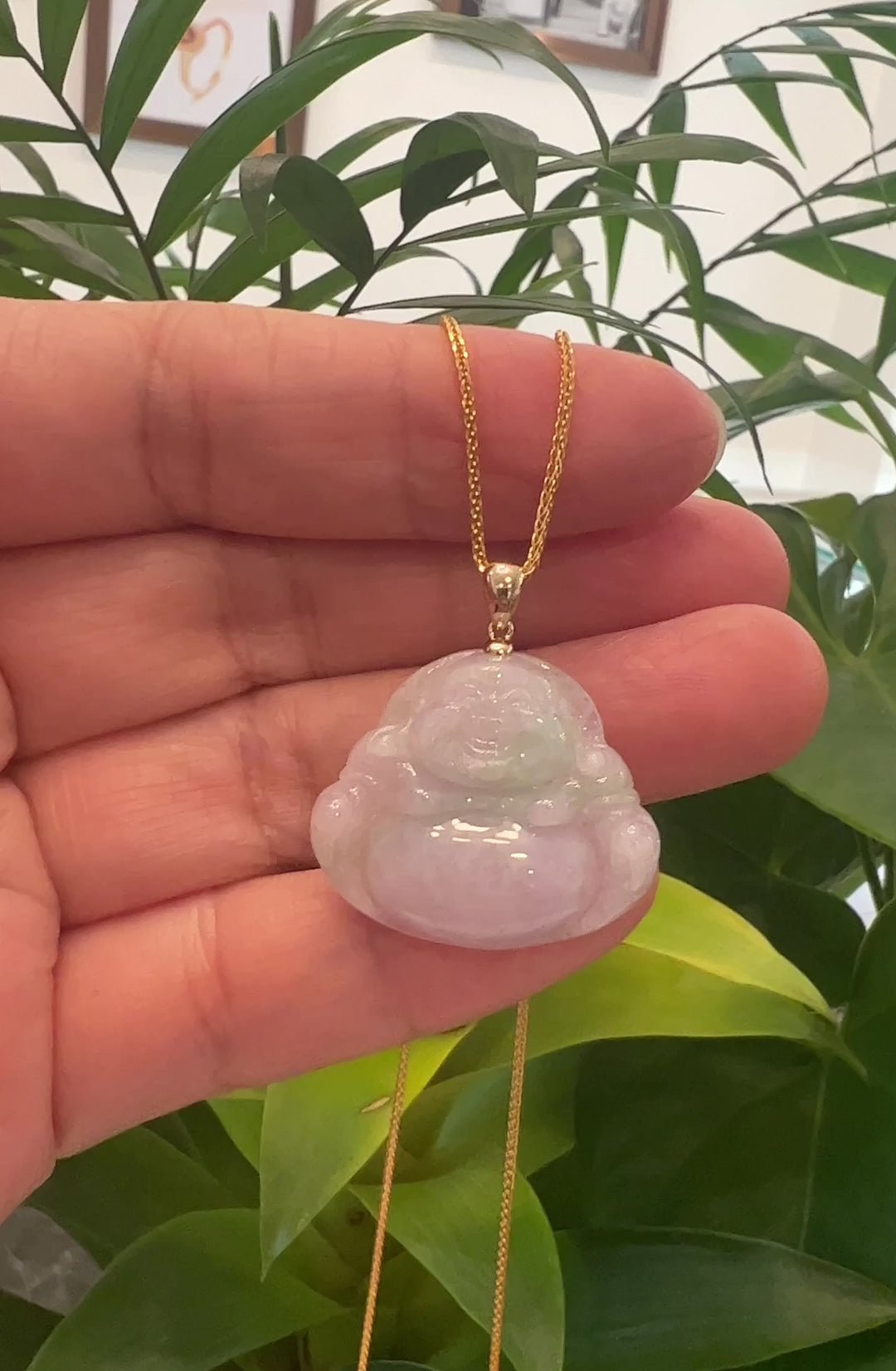 Load and play video in Gallery viewer, RealJade® Co. &amp;quot;Laughing Buddha&amp;quot; Genuine Green Jadeite Buddha Pendant Necklace With 14k Yellow Gold Bail
