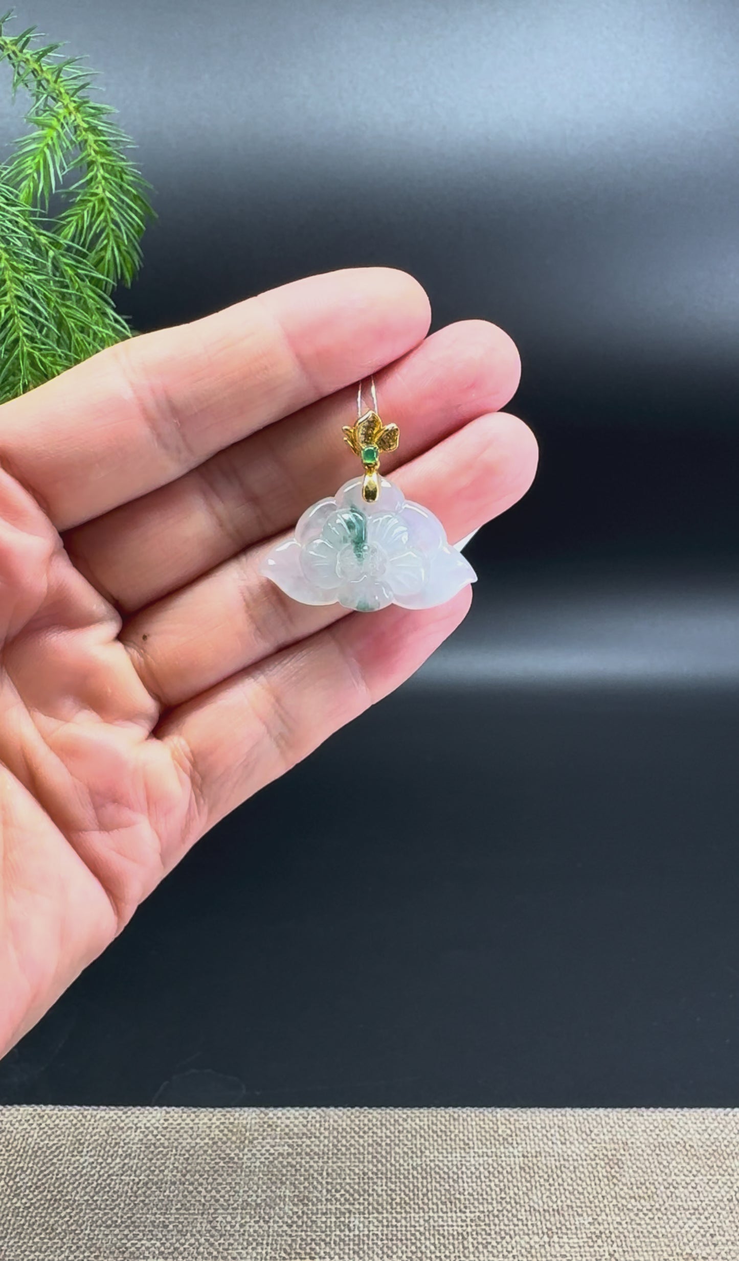 Natural 18K Yellow Gold Burmese Icy Blue-Flower Jadeite Jade Lotus Flower Pendant