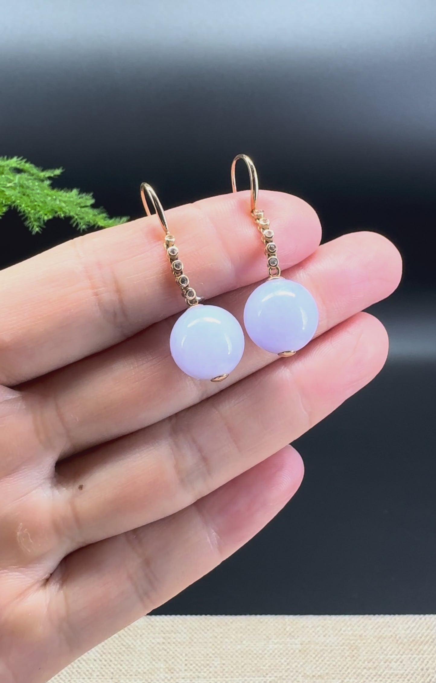 Load and play video in Gallery viewer, 18k Rose Gold Genuine Lavender Bead Jadeite Jade Diamonds Earrings
