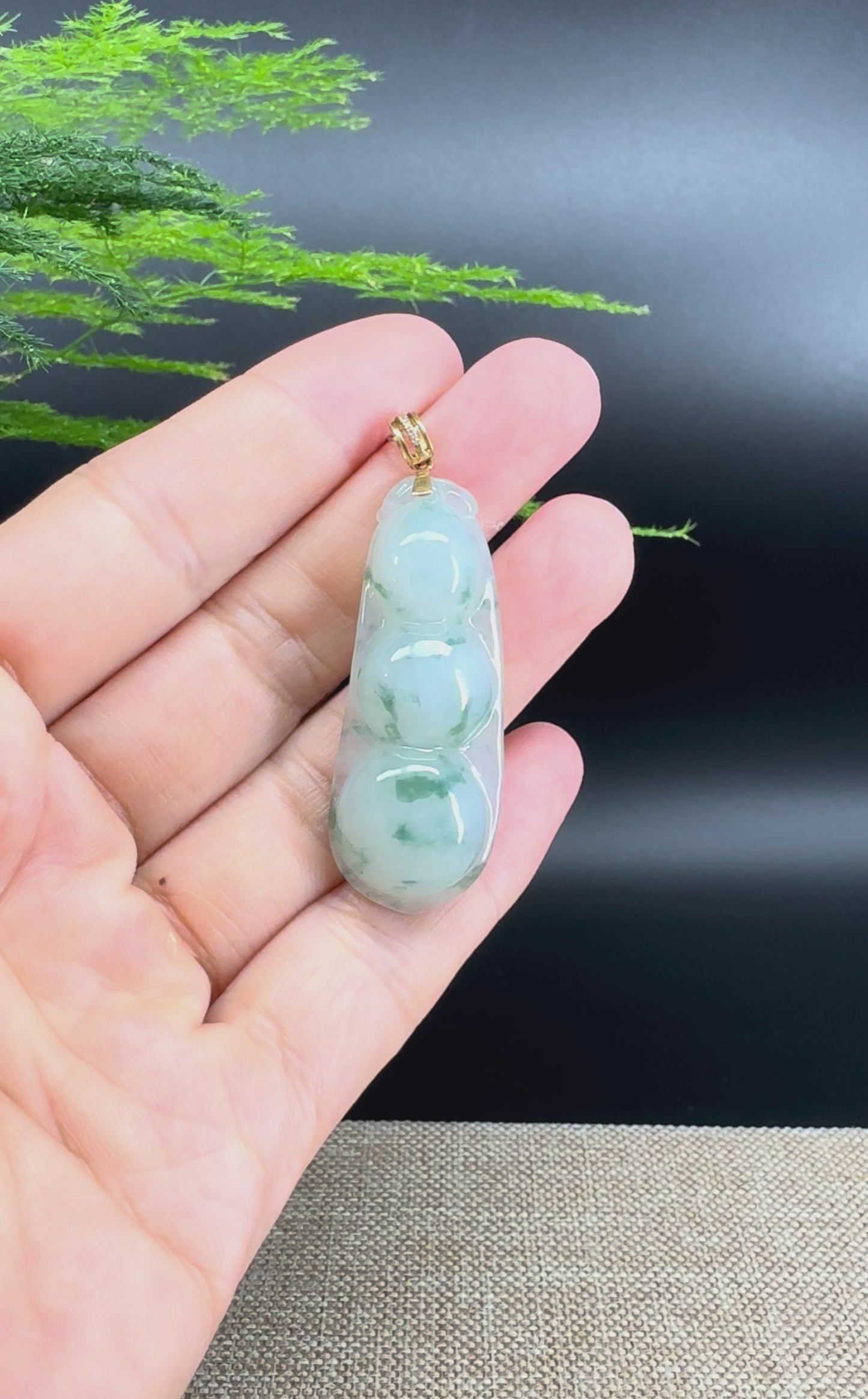 RealJade® Co. Genuine Icy Green Jadeite Jade Bean Necklace With 18K Yellow Gold Bail