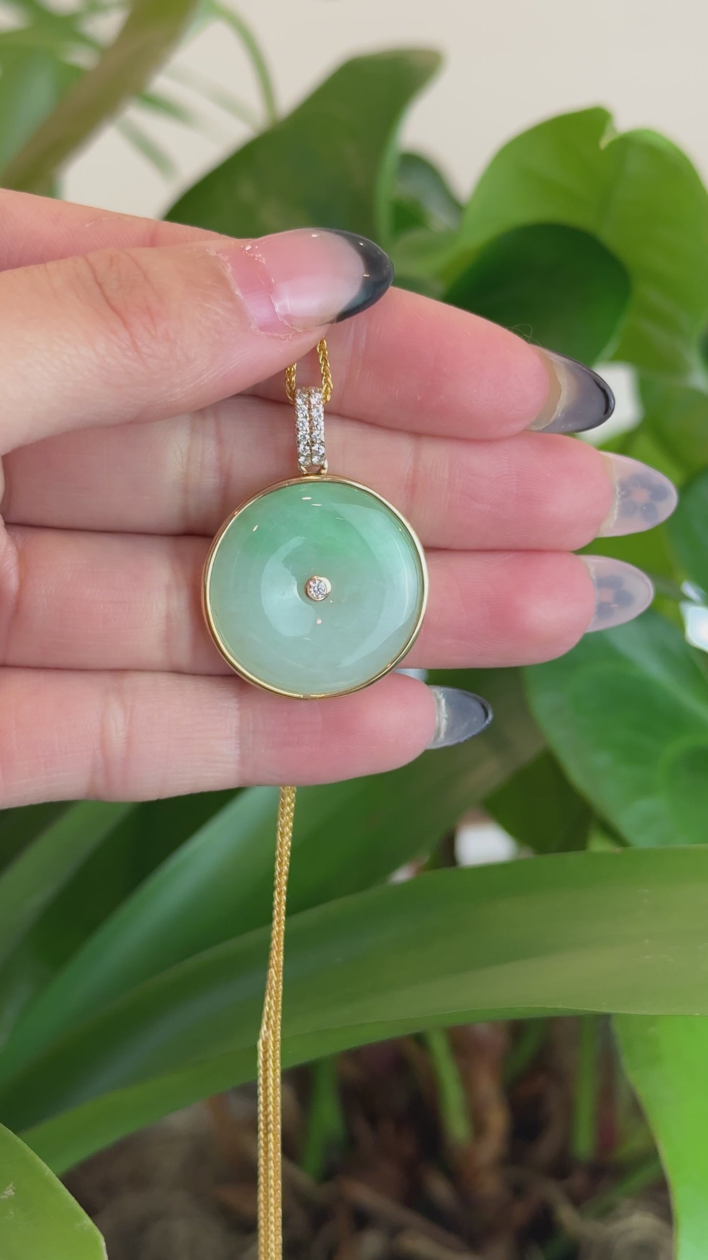 Load and play video in Gallery viewer, 14K Yellow Gold &amp;quot;Good Luck Button&amp;quot; Necklace Green Jadeite Jade Lucky KouKou Pendant Necklace
