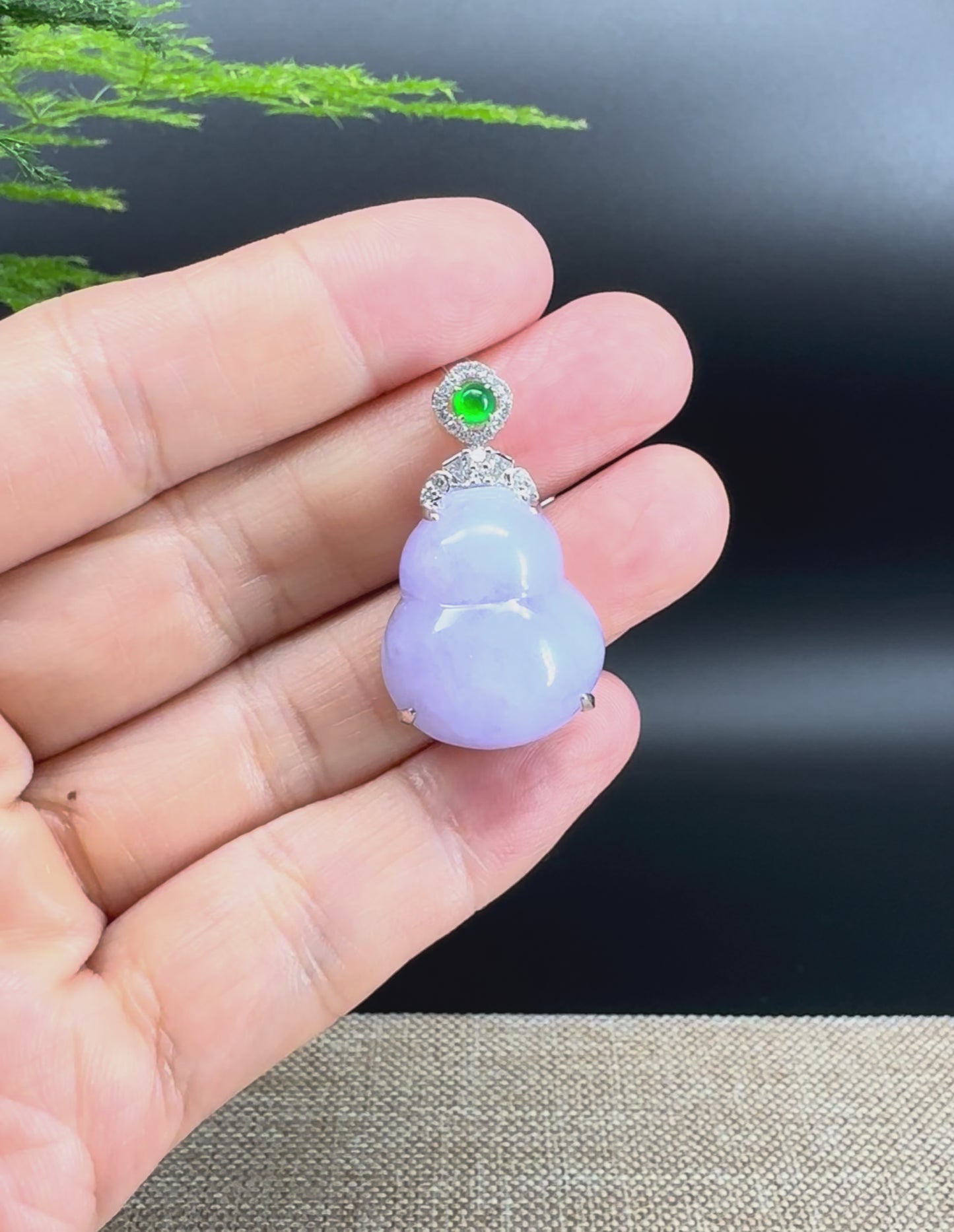 Load and play video in Gallery viewer, RealJade® Co. Genuine Lavender Jadeite Jade Good Luck Hulu Bottle Gourd Necklace With 18K White Gold Bail
