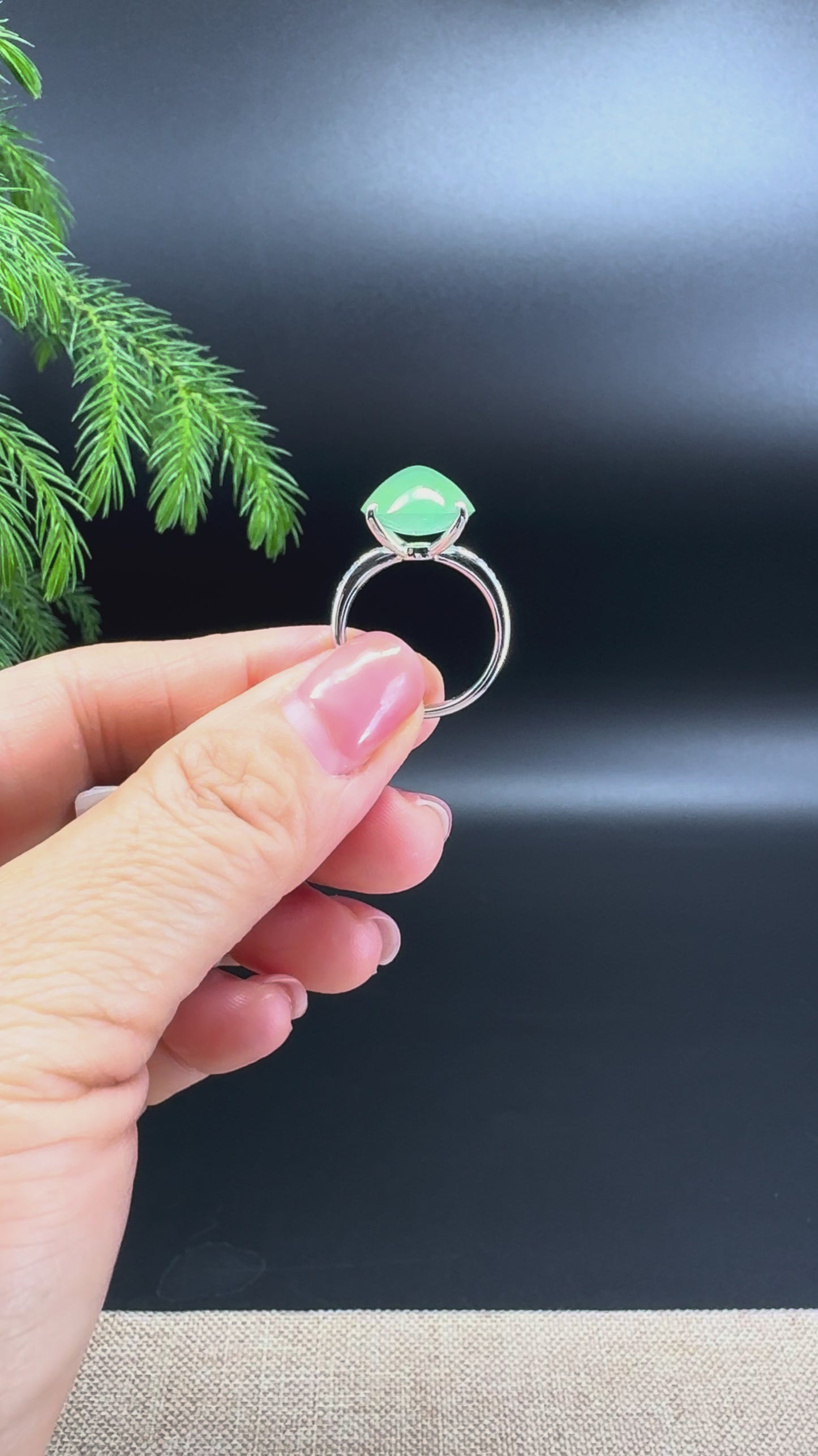 RealJade® Co. 18k White Gold Natural Icy Green Oval Jadeite Jade Engagement Ring With Diamonds