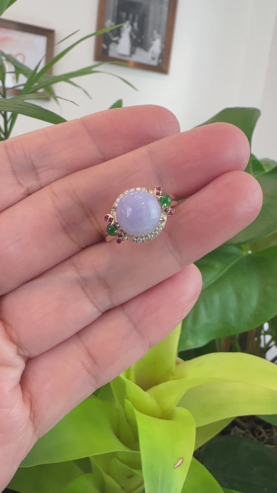 Load and play video in Gallery viewer, RealJade® Co. 14k Yellow Gold Natural Rich Lavender Oval Jadeite Jade Engagement Ring With Diamonds
