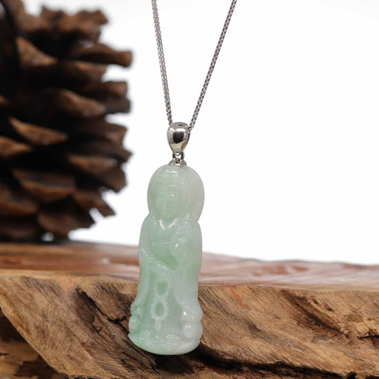Load image into Gallery viewer, Genuine Burmese Jadeite Jade Green Guanyin Pendant Necklace With Silver Bail
