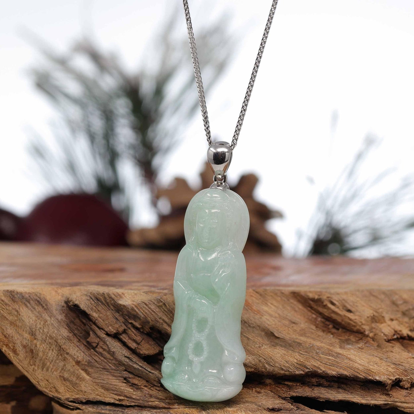 Genuine Burmese Jadeite Jade Green Guanyin Pendant Necklace With Silver Bail