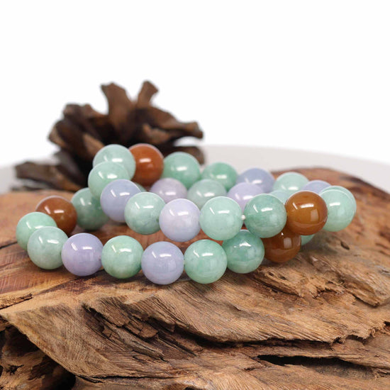 Genuine Green & Lavender & Yellow Jadeite Jade Round Beads Bracelet ( 13 mm )