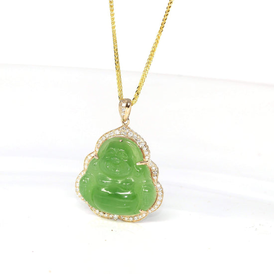 RealJade® "Laughing Buddha" 14k Gold Genuine Nephrite Apple Green Jade with Diamonds Buddha Pendant Necklace High-end Collectable