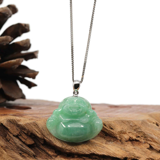 RealJade Co.¨ Jade Buddha Pendant   Baikalla™ "Laughing Buddha" Genuine Vibrant Green Jadeite Buddha Pendant Necklace With 14k White Gold Bail