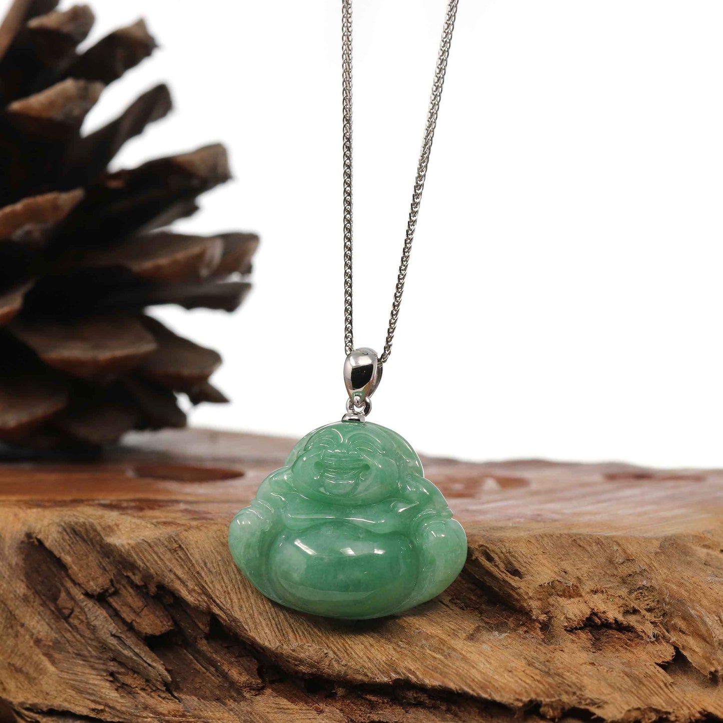 Load image into Gallery viewer, RealJade Co.¨ Jade Buddha Pendant  Baikalla™ &amp;quot;Laughing Buddha&amp;quot; Genuine Vibrant Green Jadeite Buddha Pendant Necklace With 14k White Gold Bail
