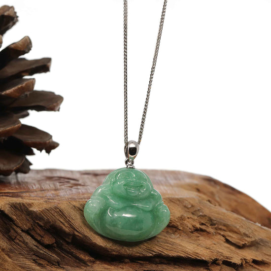 Load image into Gallery viewer, RealJade Co.¨ Jade Buddha Pendant  Baikalla™ &amp;quot;Laughing Buddha&amp;quot; Genuine Vibrant Green Jadeite Buddha Pendant Necklace With 14k White Gold Bail
