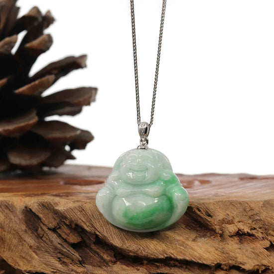 Load image into Gallery viewer, RealJade Co.¨ Jade Buddha Pendant  Baikalla™ &amp;quot;Laughing Buddha&amp;quot; Genuine Green Jadeite Buddha Pendant Necklace With 14k White Gold Diamond Bail

