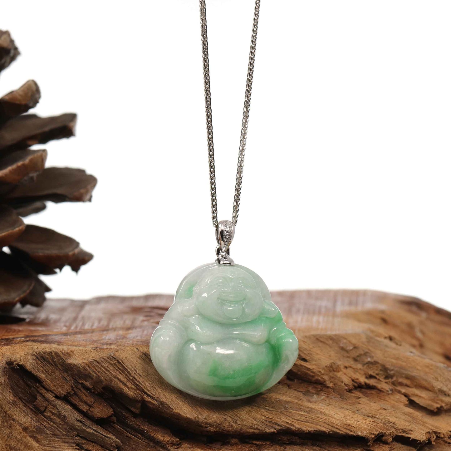 Load image into Gallery viewer, RealJade Co.¨ Jade Buddha Pendant  Baikalla™ &amp;quot;Laughing Buddha&amp;quot; Genuine Green Jadeite Buddha Pendant Necklace With 14k White Gold Diamond Bail
