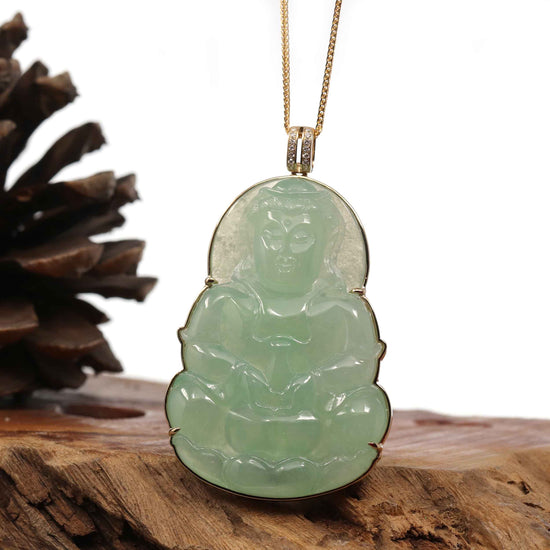 RealJade Co. Jade Guanyin Pendant Necklace  "Goddess of Compassion" 14k Yellow Gold Genuine Burmese Jadeite Jade Guanyin Necklace With Good Luck Design