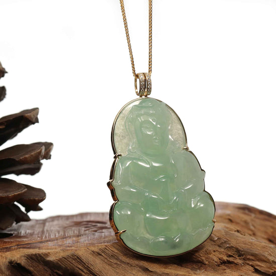 RealJade Co. Jade Guanyin Pendant Necklace  "Goddess of Compassion" 14k Yellow Gold Genuine Burmese Jadeite Jade Guanyin Necklace With Good Luck Design