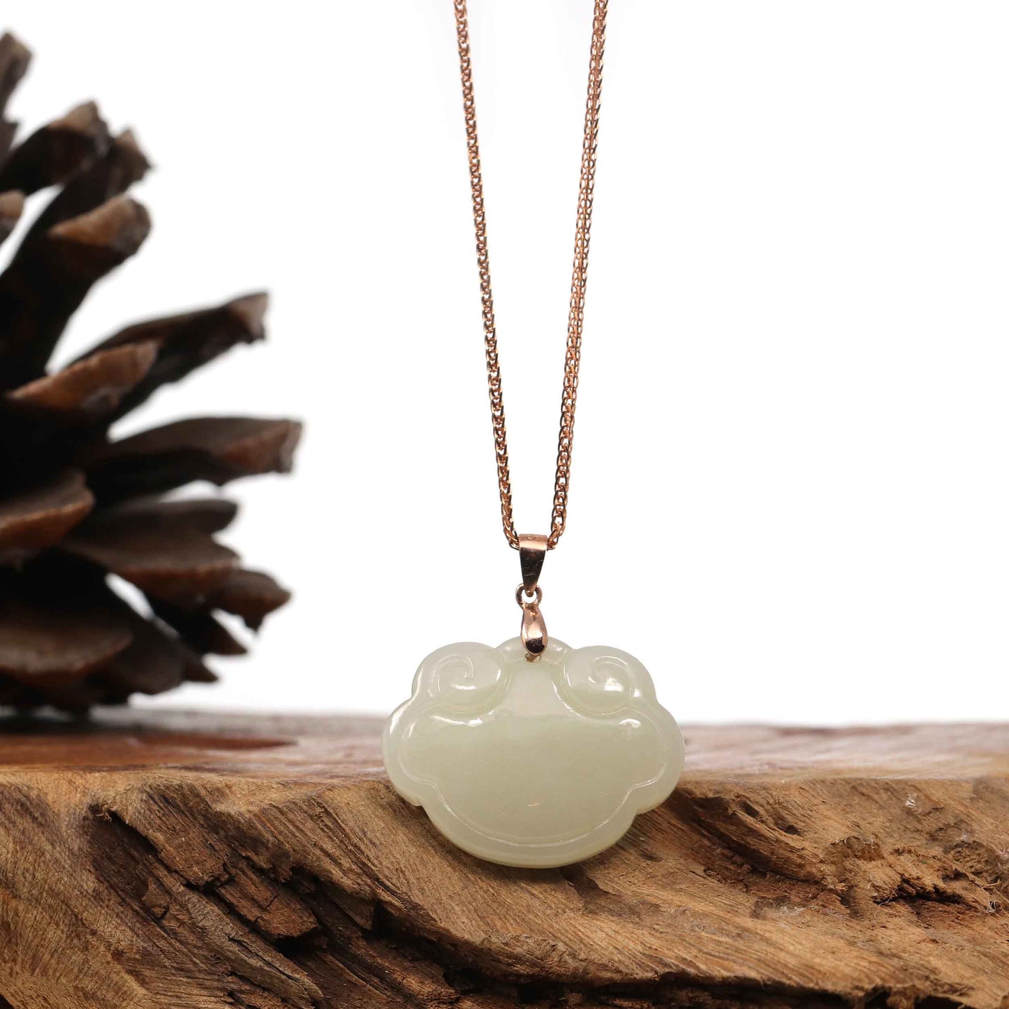RealJade Co. Silver Gemstone Necklace Sterling Silver Genuine White Jade RuYi Pendant Necklace  with 18k Rose Gold Plated