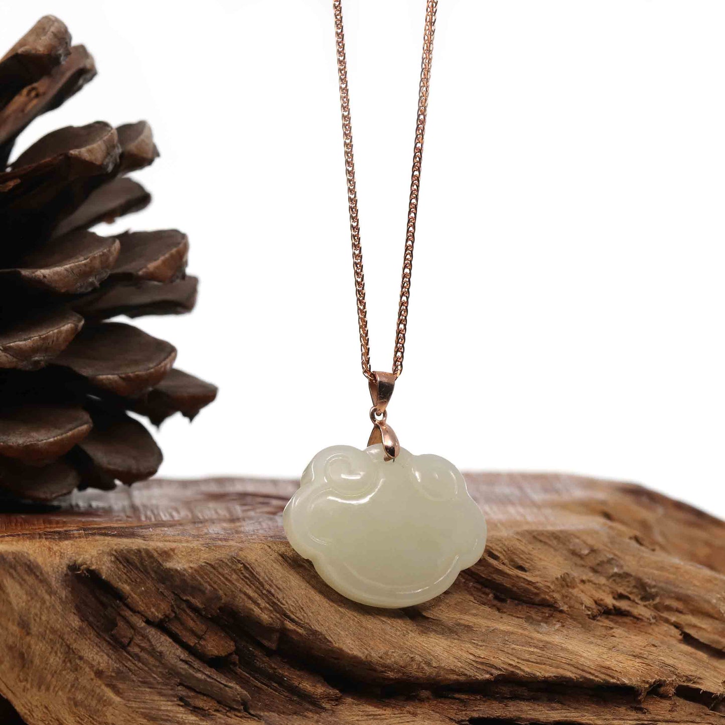 RealJade Co. Silver Gemstone Necklace Sterling Silver Genuine White Jade RuYi Pendant Necklace  with 18k Rose Gold Plated