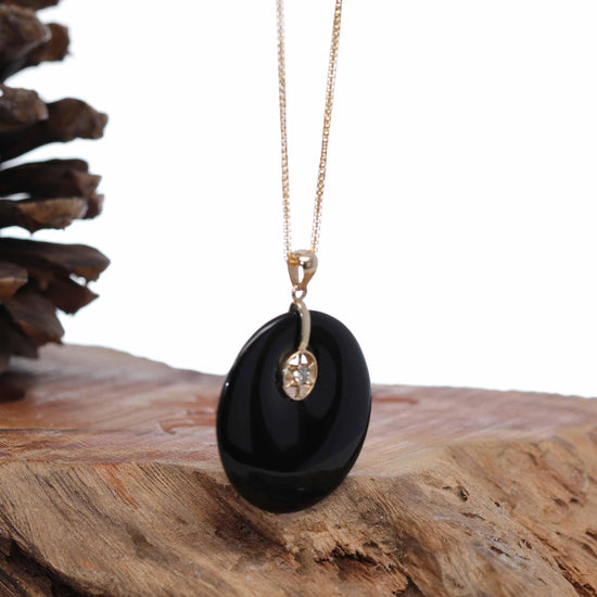RealJade Co.® "Good Luck Button" Necklace Black Jadeite Jade Lucky KouKou Pendant Necklace