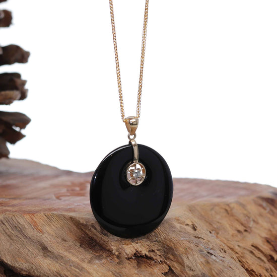 RealJade® Co. "Good Luck Button" Necklace Black Jadeite Jade Lucky KouKou Pendant Necklace