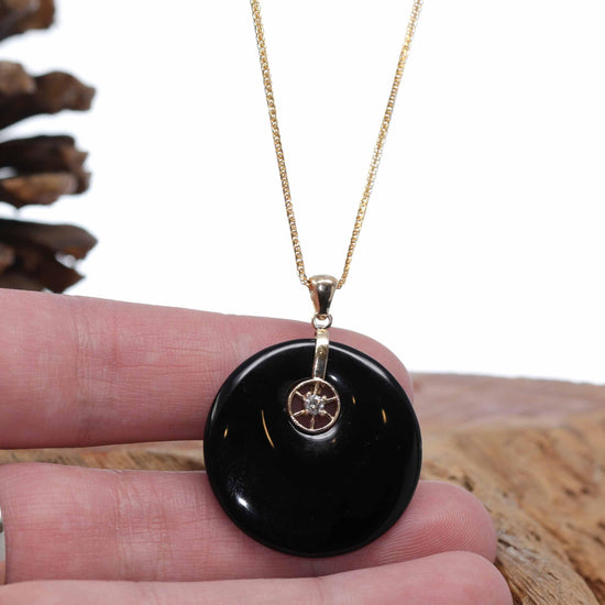 RealJade® Co. "Good Luck Button" Necklace Black Jadeite Jade Lucky KouKou Pendant Necklace