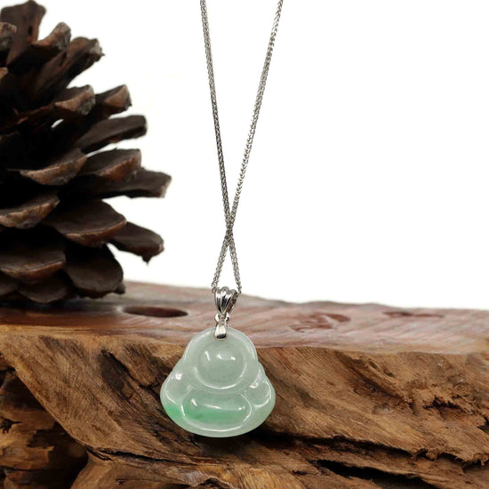Load image into Gallery viewer, RealJade® Co. Jade Buddha Pendant  Baikalla &amp;quot;Laughing Buddha&amp;quot; Genuine Vibrant Green Jadeite Buddha Pendant Necklace With 14k White Gold Bail
