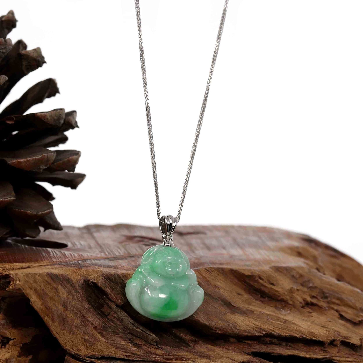 Large Spiritual Green Jade Laughing Buddha Unisex Pendant Necklace 20