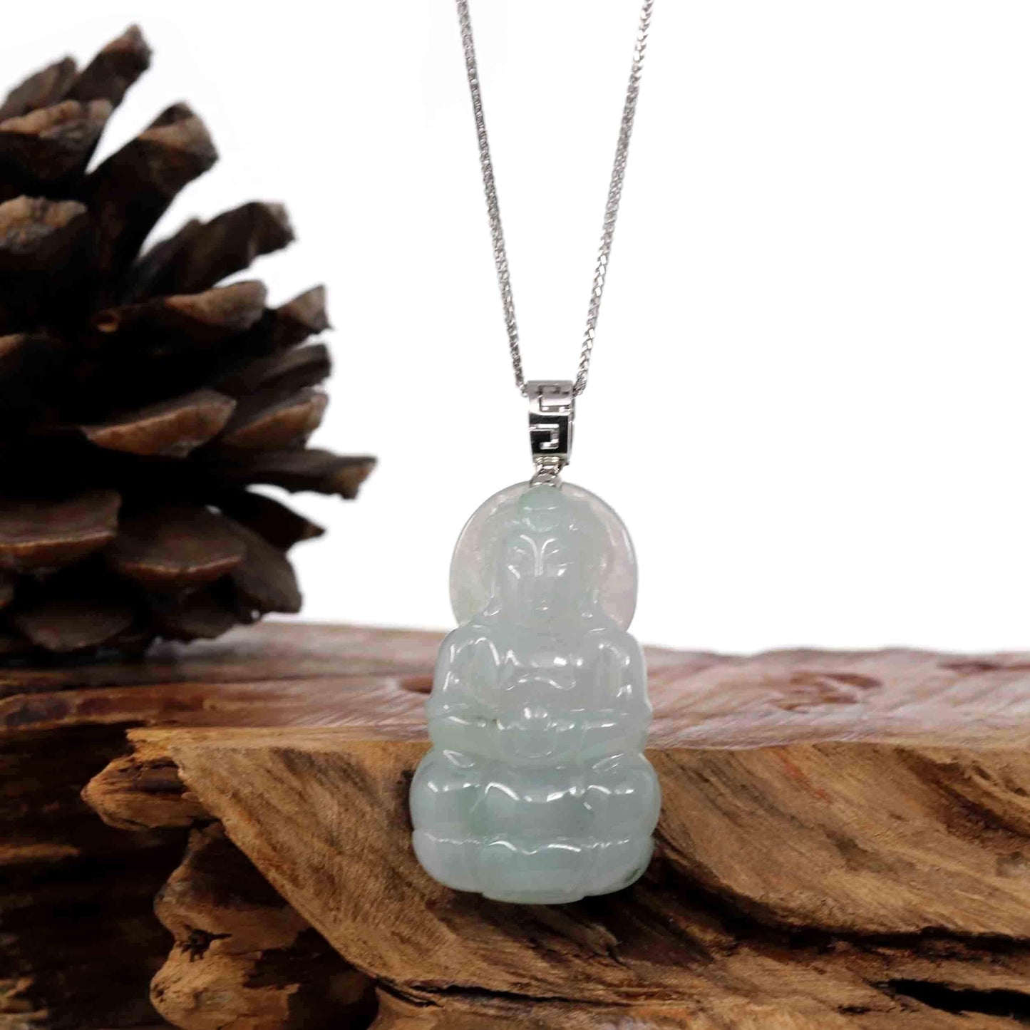 Load image into Gallery viewer, RealJade® Co. Jade Guanyin Pendant Necklace  Baikalla &amp;quot;Goddess of Compassion&amp;quot; Genuine Burmese Ice Blue Jadeite Jade Guanyin Necklace With Good Luck Design 14K Gold  Bail
