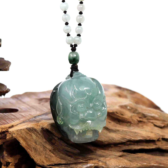 RealJade® Co. Jade Carving Necklace Baikalla Demon Hunter" (Zhong Kui) Natural Jadeite Dark Green to Deep Blue Jade Necklace, Collector's piece
