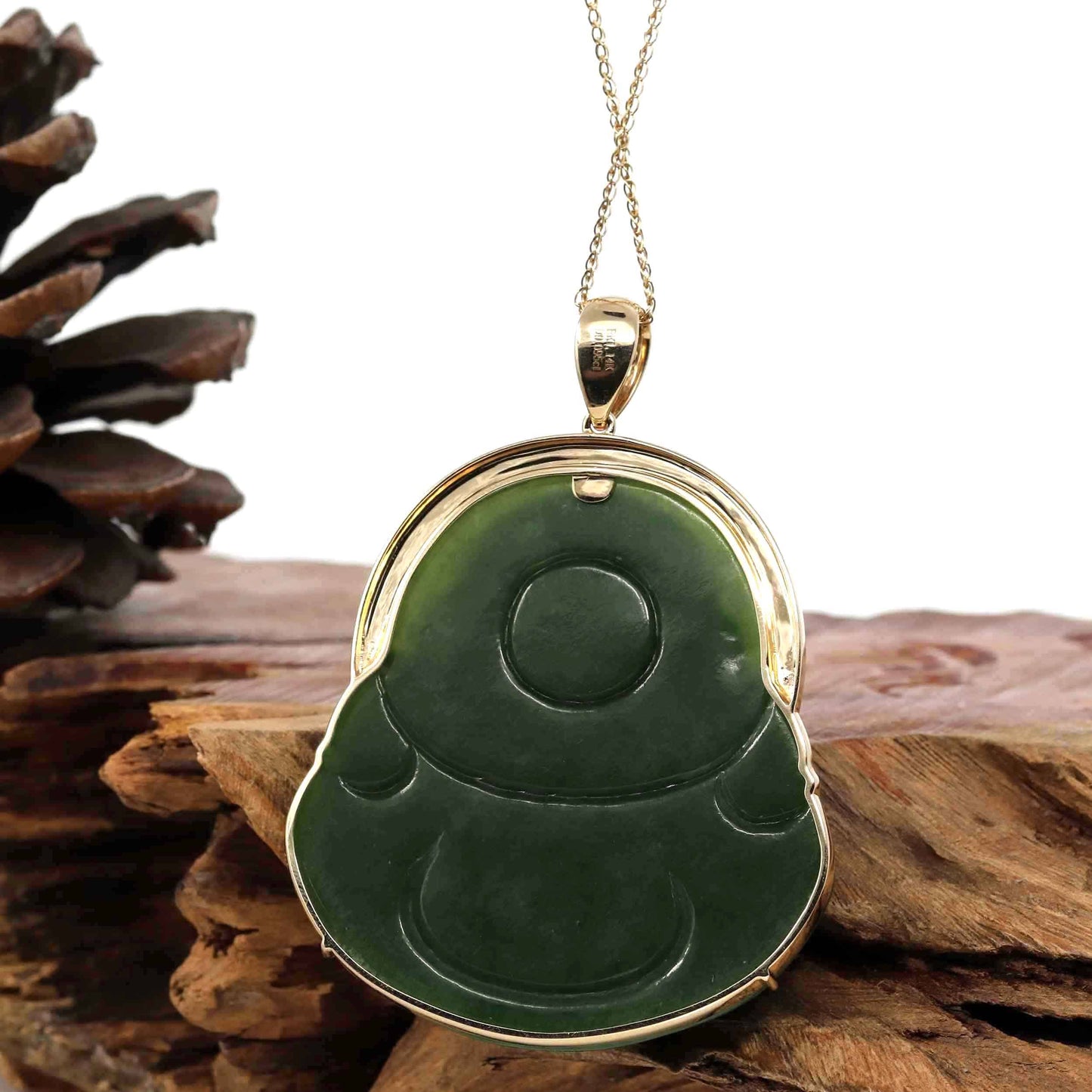 RealJade® Co. Gold Jade Buddha Pendant Only Baikalla "Laughing Buddha" Large 18k Yellow Gold Genuine Nephrite Green Jade with Diamonds Buddha Pendant Necklace High-end Collectable