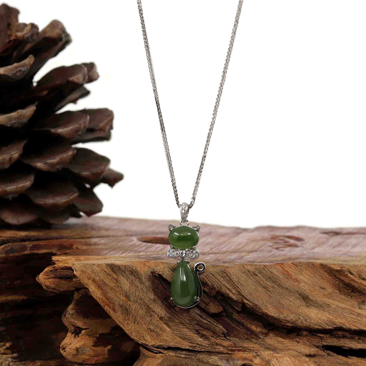 RealJade® Co. Silver Gemstone Necklace Baikalla "Lucky Kitten" Sterling Silver Genuine Nephrite Green Jade Cat Pendant Necklace
