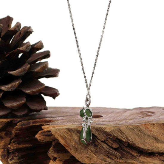 RealJade® Co. Silver Gemstone Necklace Baikalla "Lucky Kitten" Sterling Silver Genuine Nephrite Green Jade Cat Pendant Necklace