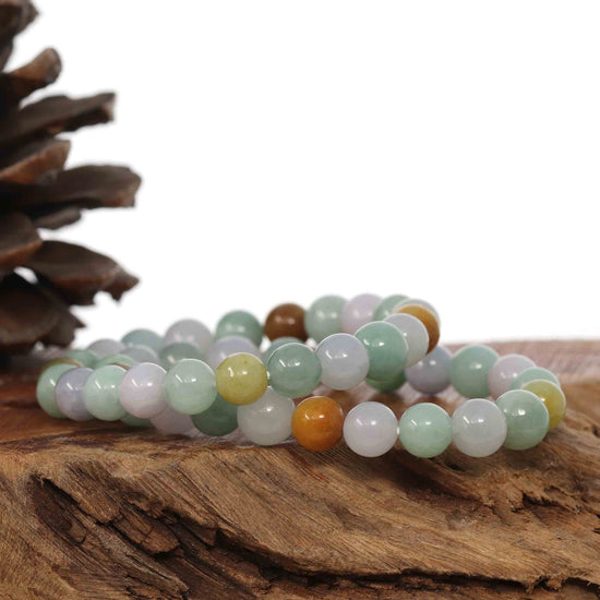 RealJade Co.® jade beads bracelet 6.5 inches Genuine Jadeite Jade Round Multiple Colors Beads Bracelet ( 8 mm)