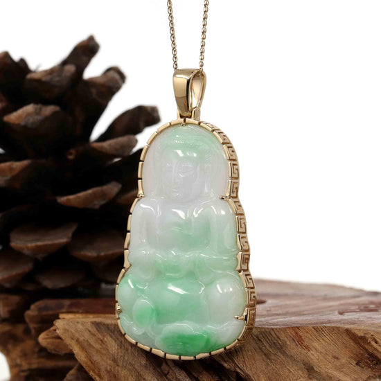 RealJade Co.® Jade Guanyin Pendant Necklace Copy of Copy of "Goddess of Compassion" 14k Yellow Gold Genuine Burmese Jadeite Jade Guanyin Necklace With Good Luck Design