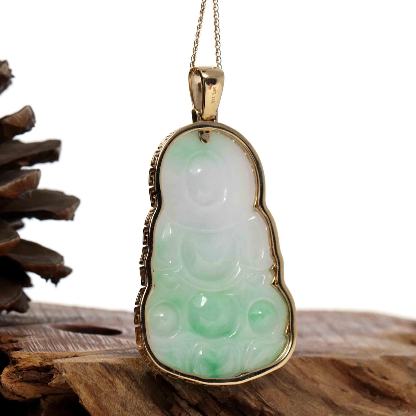 RealJade Co.® Jade Guanyin Pendant Necklace Copy of Copy of "Goddess of Compassion" 14k Yellow Gold Genuine Burmese Jadeite Jade Guanyin Necklace With Good Luck Design