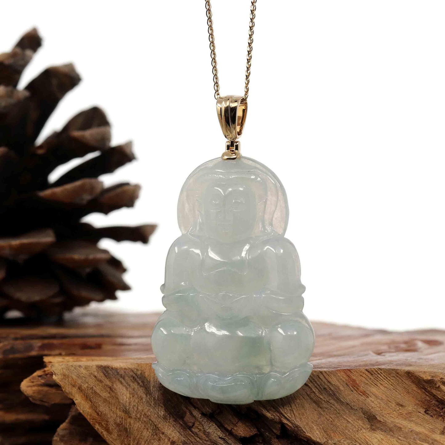 Load image into Gallery viewer, RealJade Co.® Jade Guanyin Pendant Necklace Nylon String Necklace Baikalla 14k &amp;quot;Goddess of Compassion&amp;quot; Genuine Burmese Jadeite Jade Guanyin Pendant With VS1 Diamond Bail
