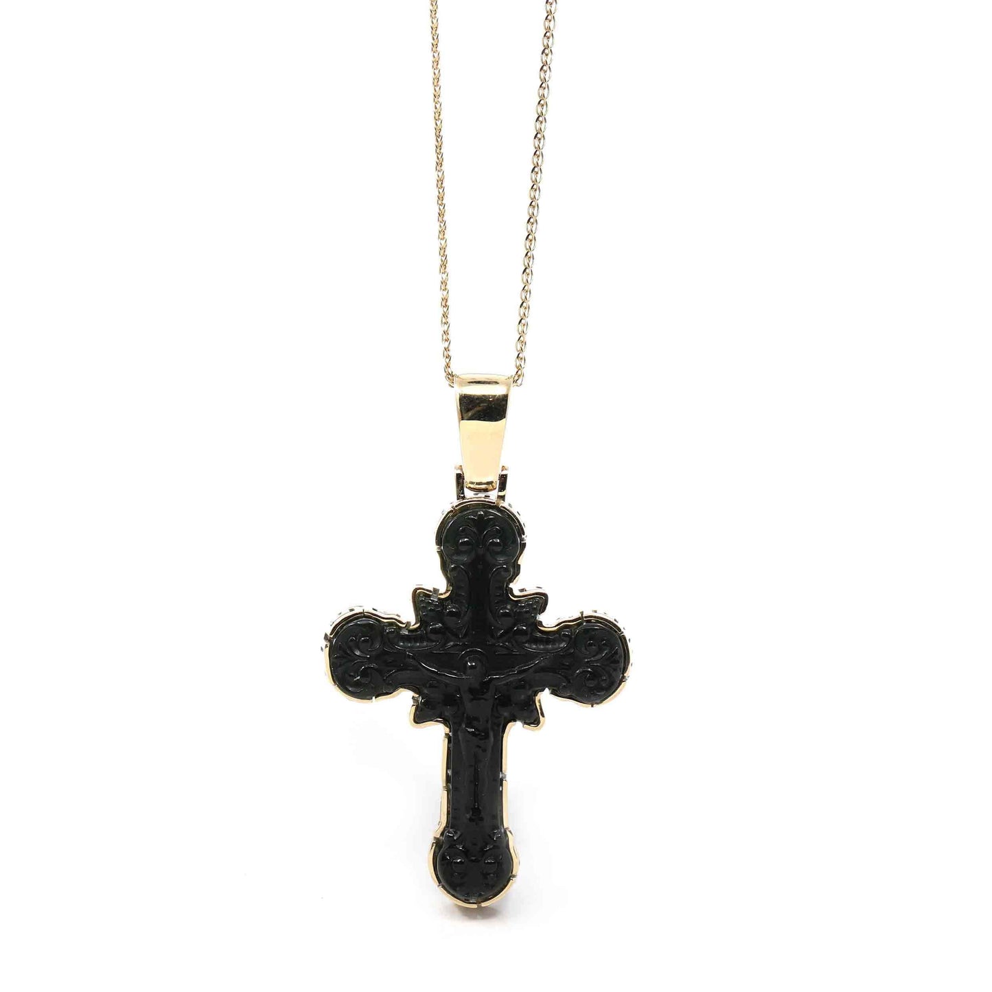 Load image into Gallery viewer, RealJade Co.® 24K Pure Yellow Gold Pendant 14K Yellow Gold &amp;amp; Black Nephrite Jade Crucifix Pendant
