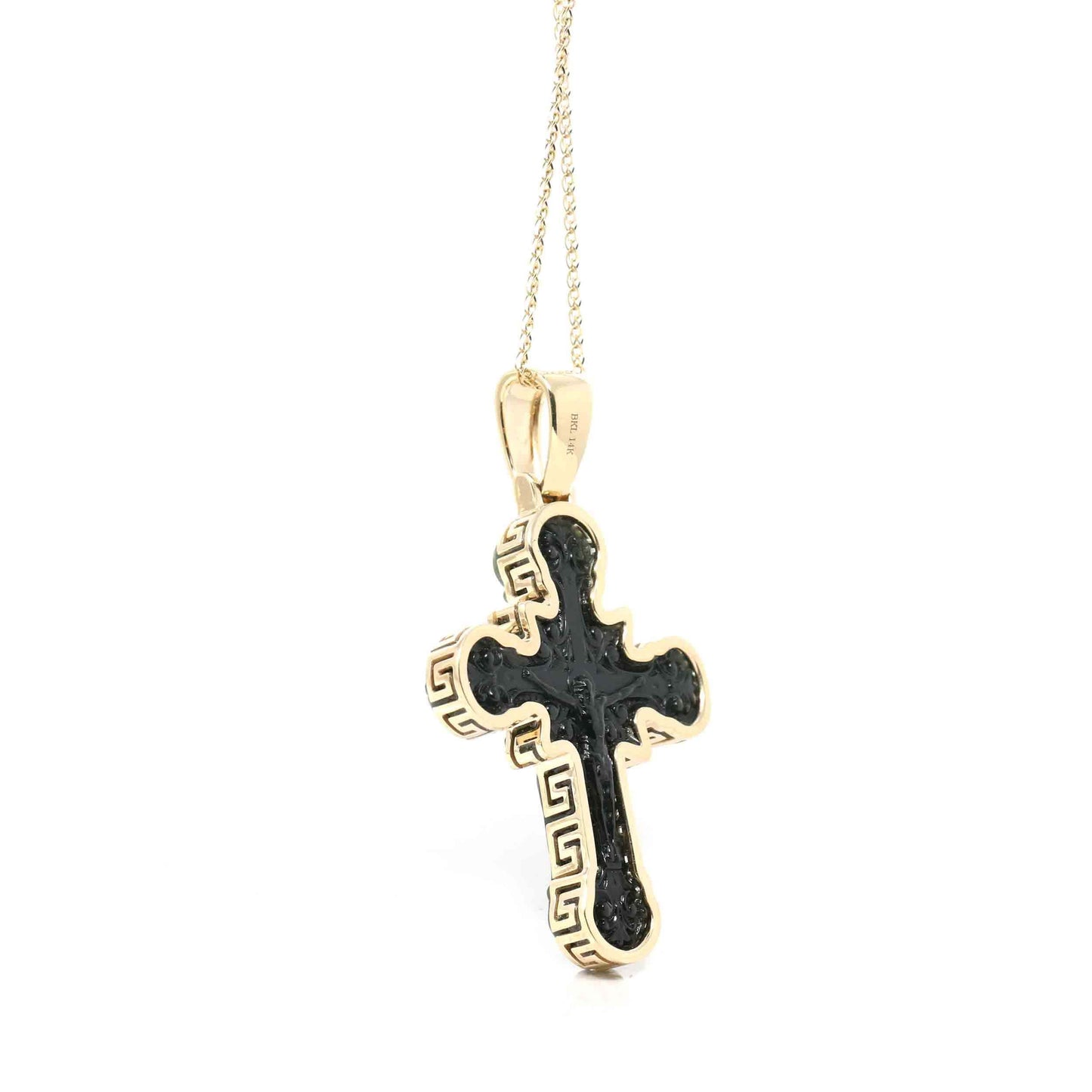 Load image into Gallery viewer, RealJade Co.® 24K Pure Yellow Gold Pendant 14K Yellow Gold &amp;amp; Black Nephrite Jade Crucifix Pendant

