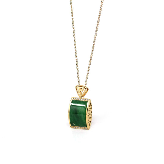 RealJade® Co. 18k Gold Jadeite Pendant Copy of 18k White Gold Genuine Burmese Jadeite Bamboo Pendant Necklace With Diamond