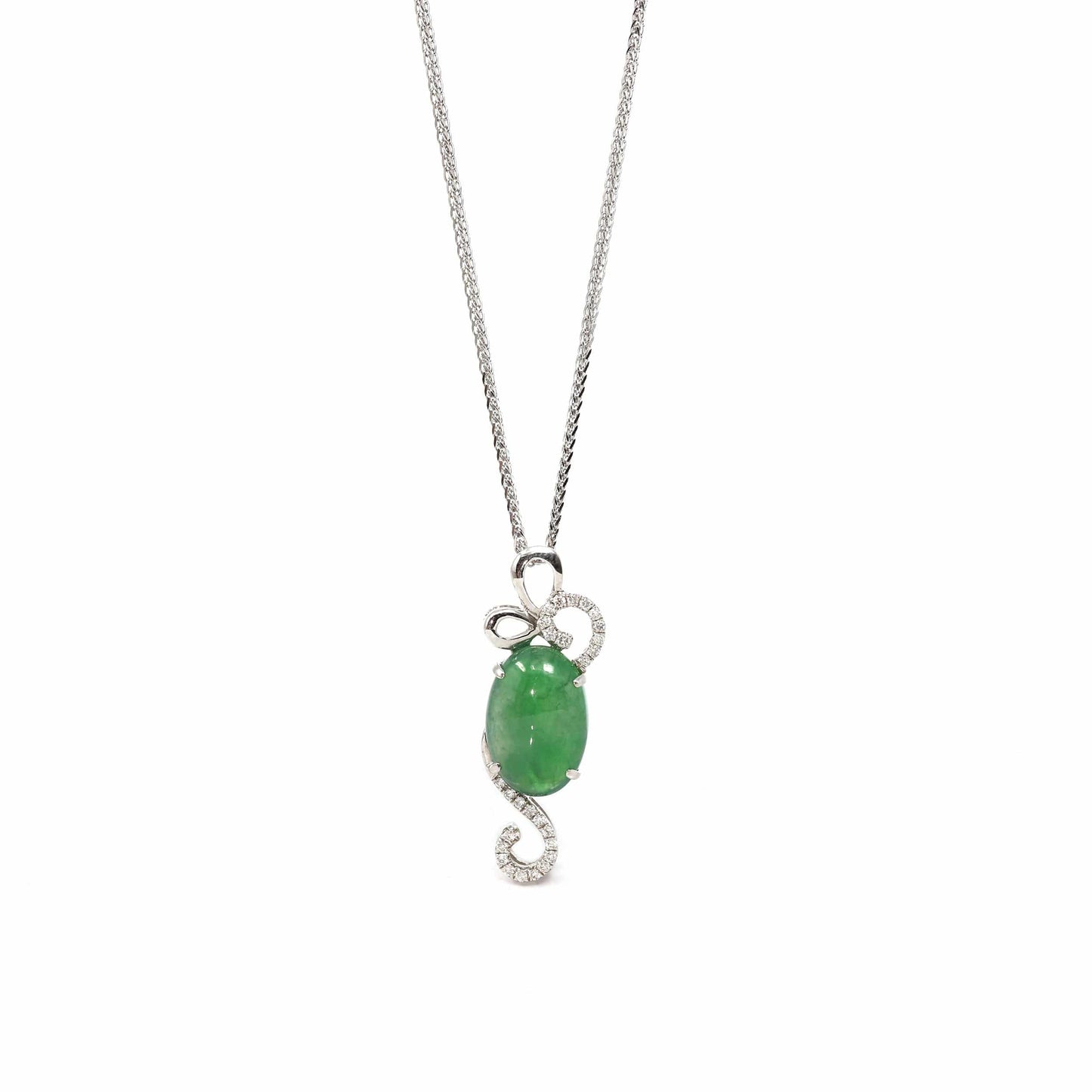 RealJade® Co. 18k Gold Jadeite Necklace 18K White Gold Oval Imperial Jadeite Jade Cabochon Necklace with Diamonds