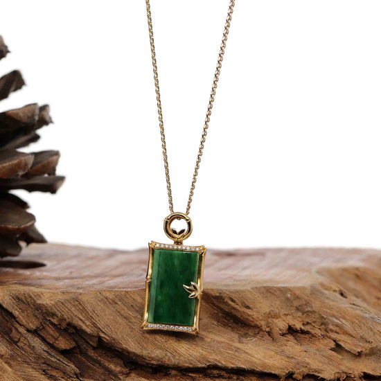 RealJade® Co. 18k Gold Jadeite Necklace Copy of 18k White Gold Genuine Burmese Jadeite Bamboo Pendant Necklace With Diamond